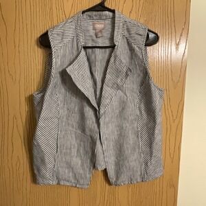 Chico's women's linen vest size one blue white railroad stripe blade collar